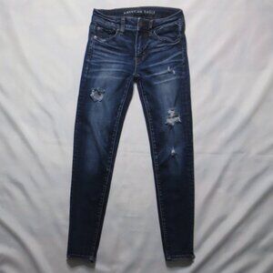 AE womens JEANS dark blue DENIM distressed JEGGINGS super stretch SIZE 00